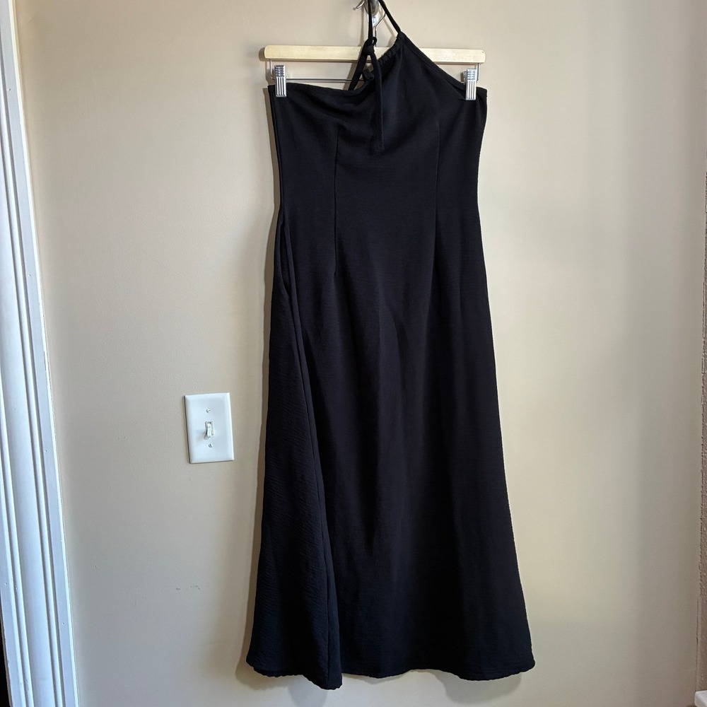 Unbranded Halter One Shoulder Midi Dress Small Black Womens Stretch Crinkle